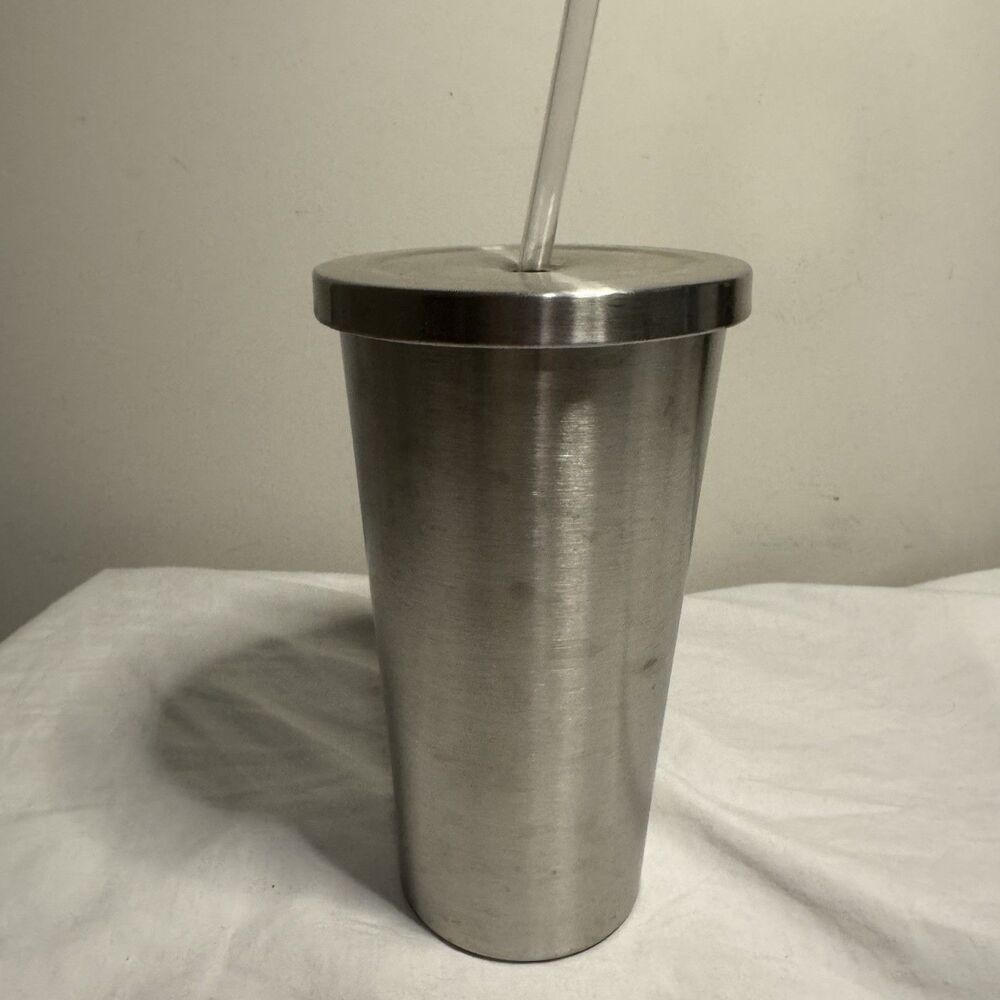Stainless Steel Cold Drink Tumbler Silver 16ounces with Straw